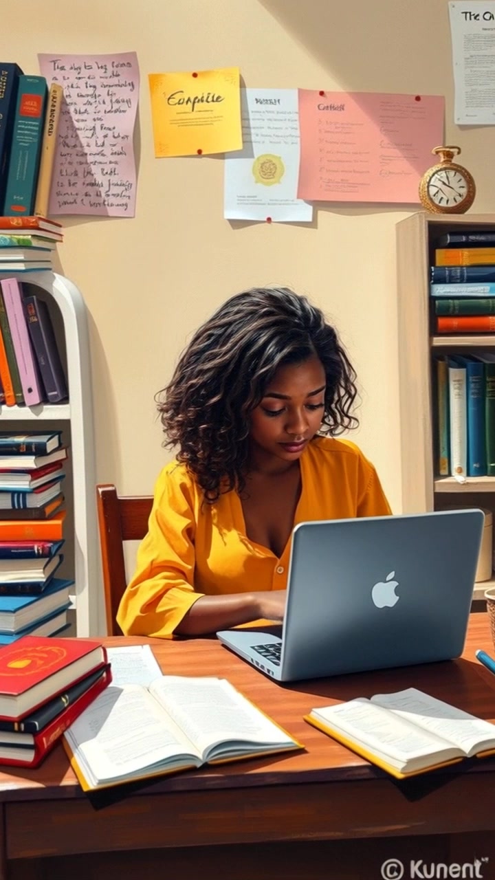 Subject: A young girl sitting at a desk, deeply engrossed in her work on a laptop. Subject movement: She occasionally glances at her notes and types actively, her expressions shifting with concentration. Scene: A cozy study room filled with books, scattered notes, and a warm desk lamp illuminating the workspace. Style: Soft, ambient lighting creating a peaceful atmosphere, inviting focus and creativity. Motion: The camera slowly pushes in on the girl, capturing her engaged expressions and the surrounding items, showcasing an intimate study experience.