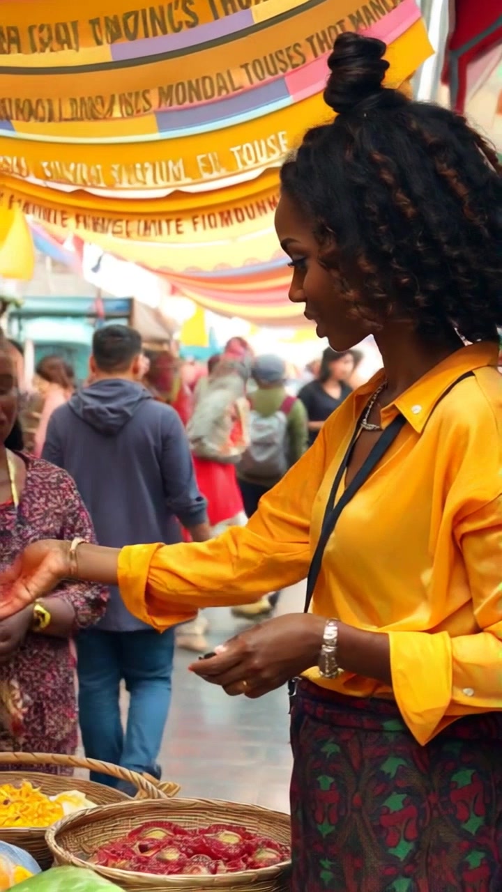 Scene: A vibrant market setting buzzing with activity, featuring a trading stall filled with assorted goods. Subject movement: The trader animatedly engages with customers, a warm smile on her face as she gestures towards the colorful items on display. Motion: The camera employs a handheld tracking shot, weaving through the lively crowd, capturing exchanges and the vibrant atmosphere, with sunlight filtering through market tents creating a welcoming glow.