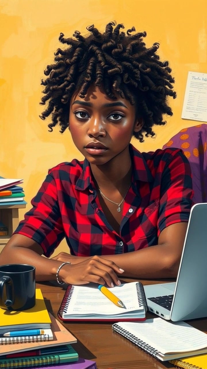Subject: A person seated at a cluttered desk, looking stressed. Scene: The workspace is filled with notebooks, stationery, and a laptop, dimly lit from a single overhead light casting shadows across the clutter. Motion: The camera slowly zooms in on the subject's face, capturing their furrowed brow and tense expression, while the sound of tapping fingers on the laptop keyboard adds to the atmosphere of urgency.