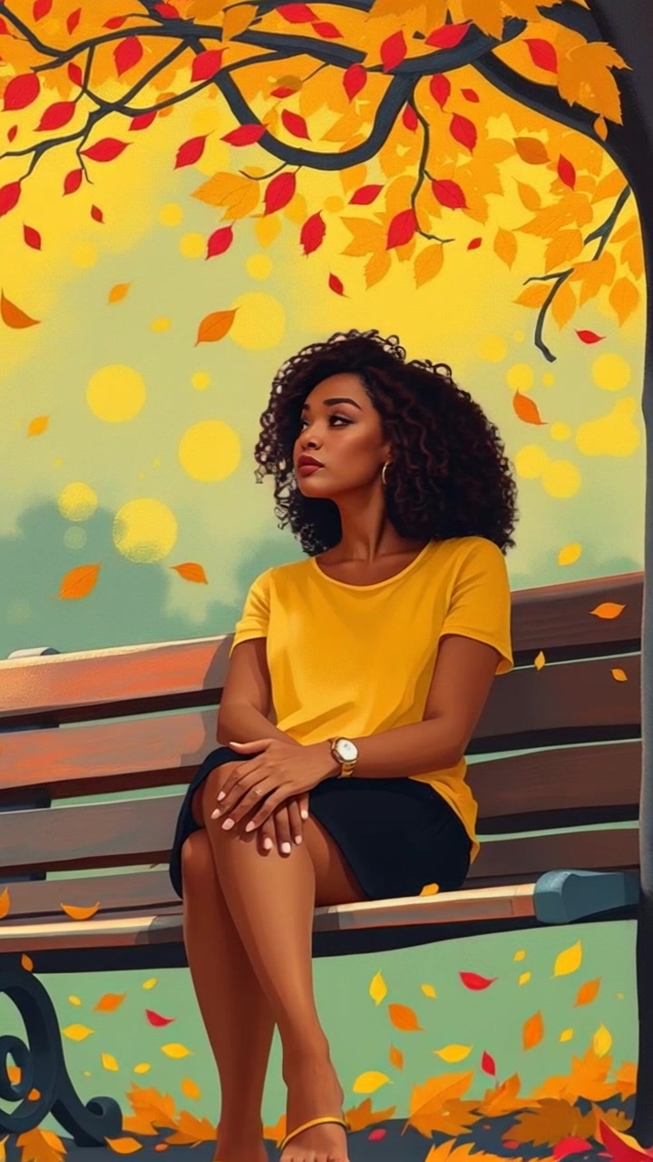 Subject: A young woman sitting on a park bench, lost in thought. Subject movement: She gently shifts her gaze from the ground to the branches above, stirring the fallen leaves at her feet with subtle movements. Scene: A serene park in autumn, with a carpet of colorful leaves surrounding the bench. Style: Soft, golden afternoon light filtering through the trees, creating dappled shadows. Motion: The camera performs a slow, gentle push in towards her face, capturing the reflective mood of the moment.