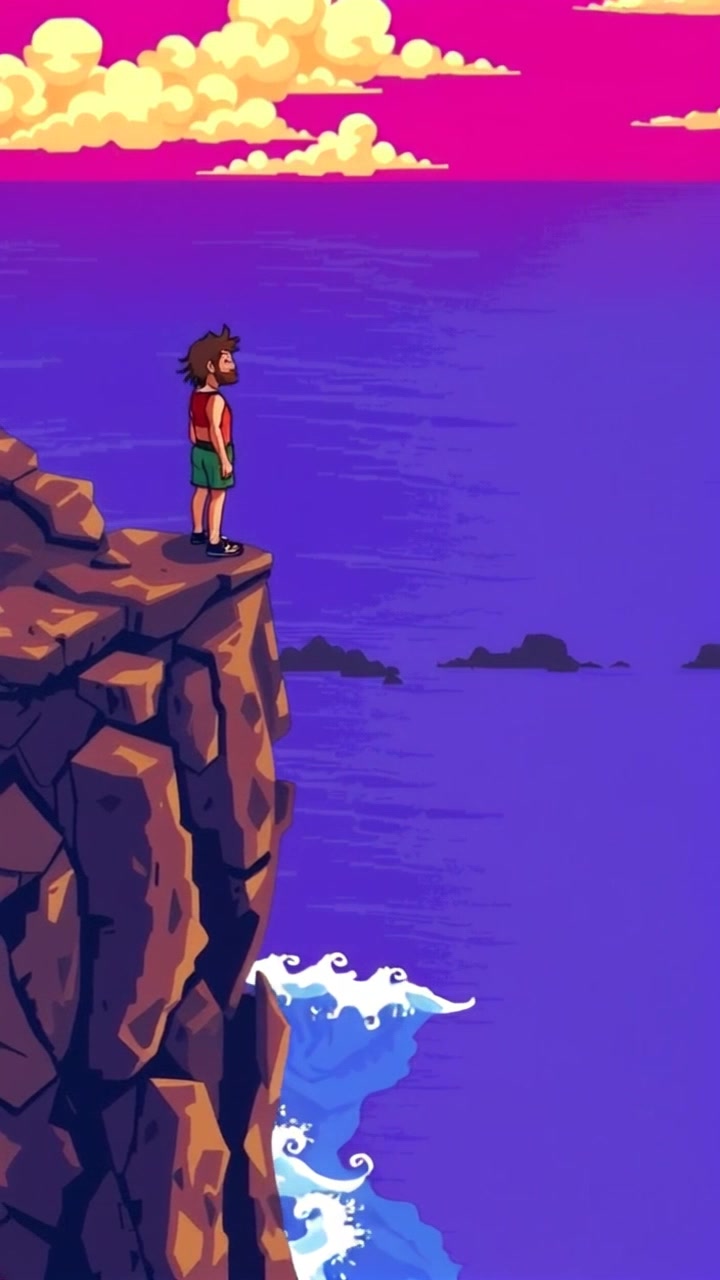 Scene: Standing alone on a rocky cliff overlooking a vast ocean with waves crashing below. Style: Bright, midday lighting casting clear reflections on the water's surface, highlighting the texture of the rocks. Motion: The camera pans dramatically from the sea to the cliff edge, capturing the expansive view as the waves crash powerfully against the rocks.