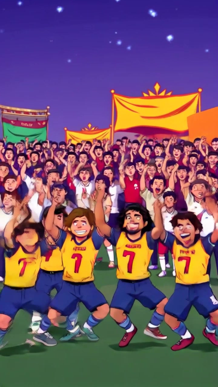 Subject: A group of ecstatic football players celebrating in unison after a goal. Subject movement: They leap into the air with arms outstretched and broad smiles, enveloped by a roaring crowd. Scene: A vibrant football stadium filled with cheering fans, flags waving, and bright team colors. Style: Bright stadium lights illuminating the jubilant scene, creating a spirited atmosphere. Motion: Camera performs a swift dolly in as the players burst forward with joyful intensity, capturing the joyous expressions and vibrant energy of the celebration, while the crowd erupts in thunderous applause.