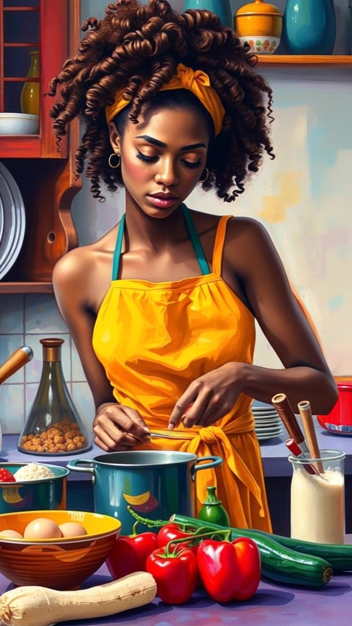Subject: A busy cook preparing a meal. Subject movement: Istri moves energetically around the kitchen, chopping ingredients and stirring pots. Scene: Bright and bustling kitchen filled with colorful ingredients and cooking utensils. Style: Natural light streaming in from a window, creating a warm and inviting atmosphere. Motion: Camera glides through the kitchen, capturing Istri's movements with smooth, dynamic panning shots that highlight her interactions with the ingredients and tools.