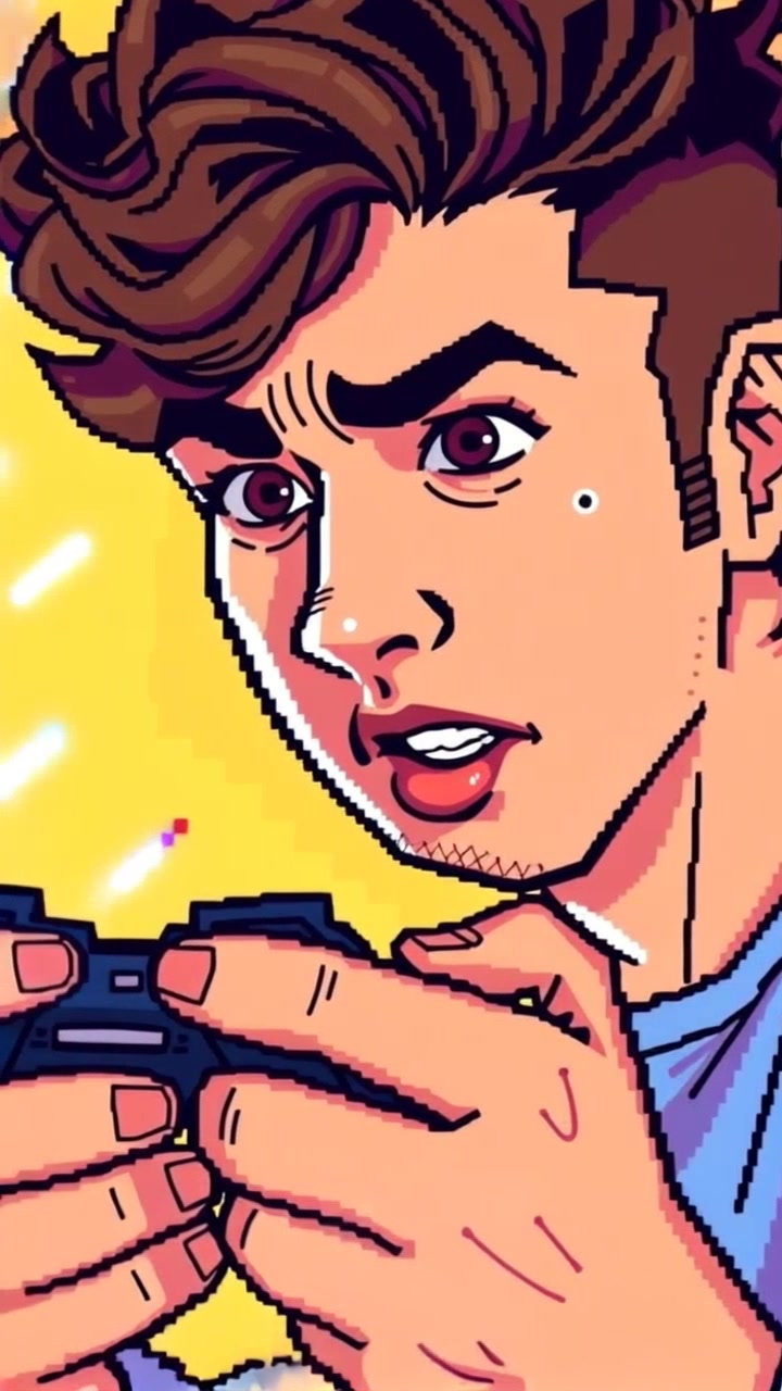 Subject: A focused hand gripping a game controller, excitement visible on the user's face. Subject movement: The hand moves swiftly, pressing buttons as the concentration intensifies. Scene: Close-up of a gaming session, vibrant LED lights casting a colorful glow around the gaming setup. Style: Dynamic and energetic lighting highlighting the enthusiasm in the environment. Motion: Camera tracks the quick movements of the hand, smoothly transitioning to capture the heightened expressions on the face, creating a sense of immersive gameplay.