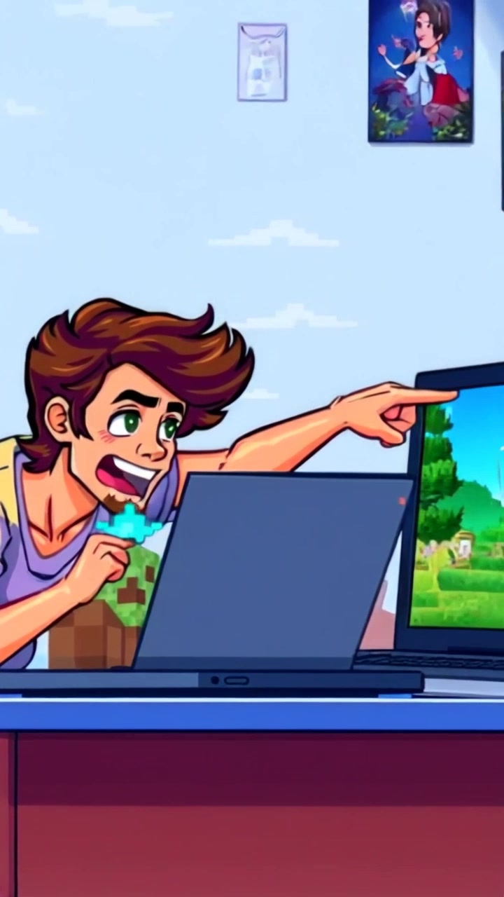 Subject: A person leaning forward excitedly. Subject movement: The individual gestures animatedly towards a laptop screen displaying vibrant Minecraft graphics. Scene: A cozy gaming setup, illuminated by the glow of the laptop, surrounded by posters and gaming memorabilia. Lighting: Soft ambient light creating a warm and inviting atmosphere. Motion: Camera smoothly pushes in to capture the excitement on the face of the person, then tilts to focus on the colorful graphics on the screen.