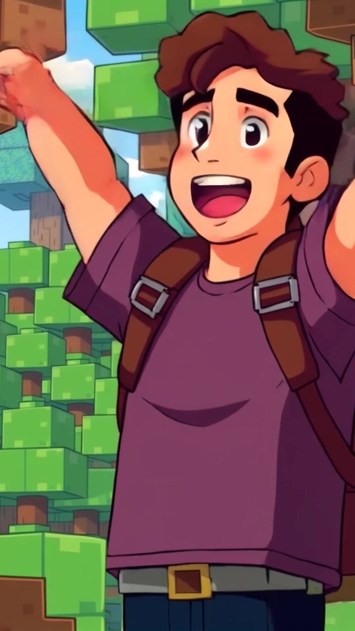 Subject: Mateo, determined and excited. Subject movement: Mateo leaps into the air, arms raised in triumph. Scene: A vibrant blocky Minecraft setting filled with pixelated trees and bright, blocky landscapes. Style: Bright, playful lighting enhances the lively colors of the Minecraft world. Motion: The camera follows Mateo's leap, executing a dynamic upward tilt to capture his joyful expression and the surrounding pixelated scenery.