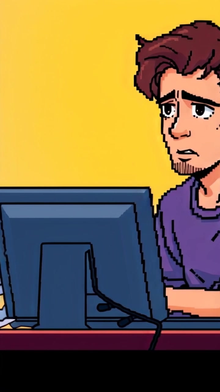 Subject: A person sitting at a computer desk, looking worried while glancing at the screen. Scene: Dimly lit room scattered with papers, illuminated only by the glow of the computer screen. Motion: The camera gently pans from the cluttered desk to the subject's concerned expression, creating an intimate and suspenseful atmosphere. Lighting: Soft, ambient light contrasting with the harsh, cold glow of the screen, evoking a sense of tension.