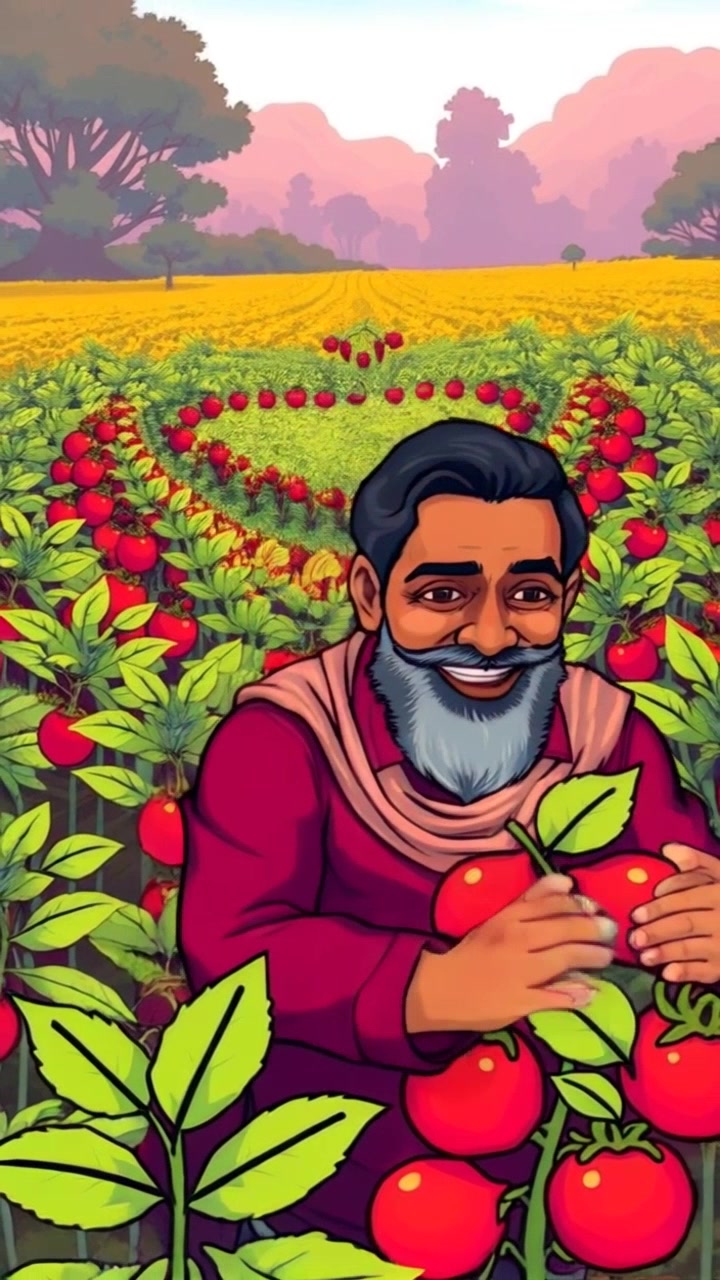 Subject: A farmer inspecting his thriving crops with a smile. Subject movement: He walks slowly through the rows of vibrant plants, occasionally reaching out to touch the leaves. Scene: A lush farm field under a bright blue sky, surrounded by distant hills and scattered trees. Style: Bright morning light illuminating the greenery with a warm glow. Motion: The camera follows the farmer from a slight distance, gradually pushing in closer to capture his expressions and the richness of the crops.