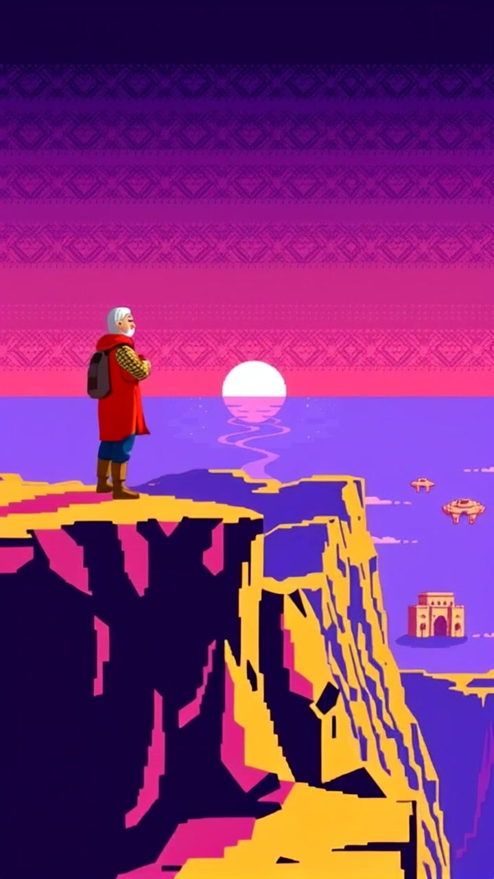 Subject: A determined figure standing on a cliff. Subject movement: The figure gazes intently into the horizon, with a subtle shift in posture as the wind flows through their hair. Scene: A breathtaking cliff overlooking an expansive landscape, with rugged rocks and distant mountains beneath a vibrant sky. Style: Dramatic sunset lighting casting warm shades of orange and purple across the sky. Motion: The camera performs a slow push-in, capturing both the figure's resolve and the mesmerizing view beyond, highlighting the contrasting textures of the cliff and the soft clouds.