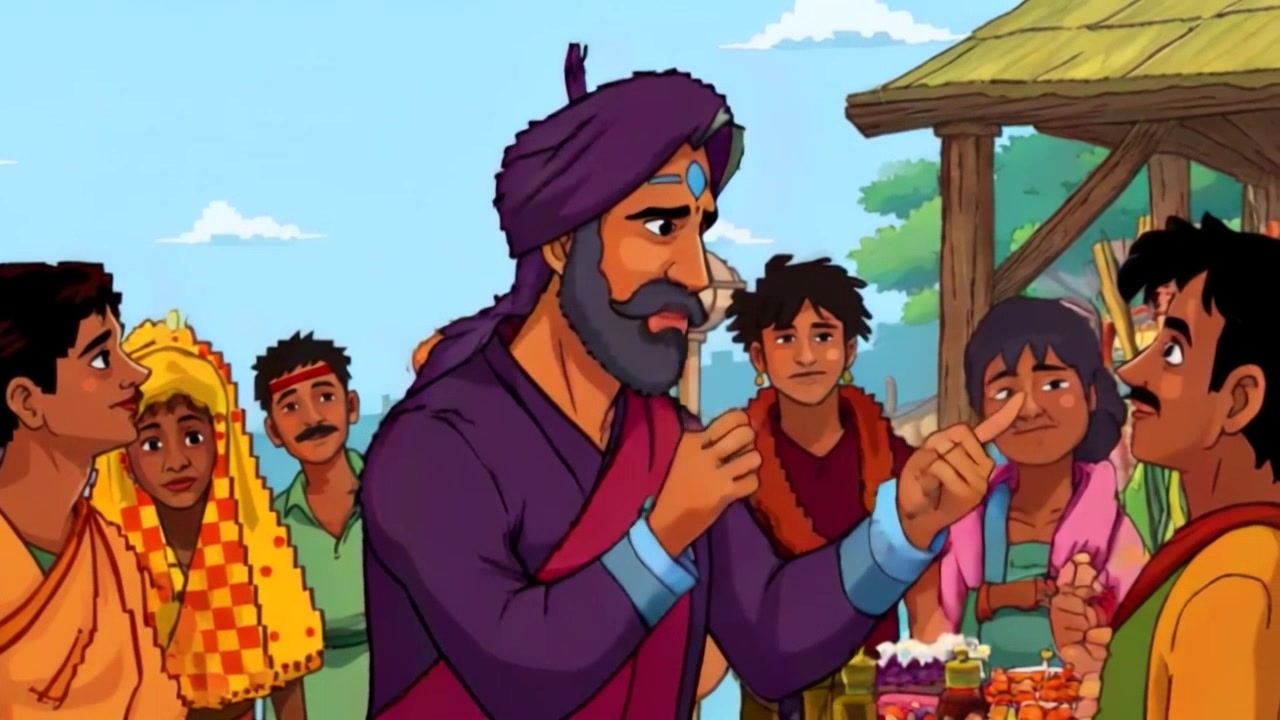 Subject: King Adhir engaging passionately with villagers during a lively discussion at a communal gathering. Subject movement: The king gestures animatedly, his expressions reflecting warmth and approachability as he connects with the crowd. Scene: An outdoor village gathering surrounded by lush greenery, colorful banners, and rustic wooden stalls filled with local crafts and foods. Lighting: Soft, golden afternoon light creates an inviting atmosphere. Motion: The camera smoothly pans across the gathering, capturing close-ups of joyful faces in the crowd while intermittently focusing on the king, as he moves gracefully through the conversation.