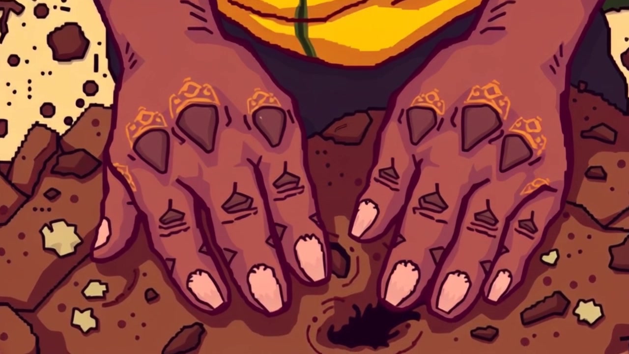 Scene: A close-up of hands working diligently in barren soil, showing calluses and dirt as they break up the hard ground. Style: Warm, natural sunlight illuminating the scene, emphasizing the texture of the earth and the hands. Motion: Camera slowly pushes in on the hands as they move rhythmically, digging and turning the soil, capturing the details of their labor with a shallow depth of field.