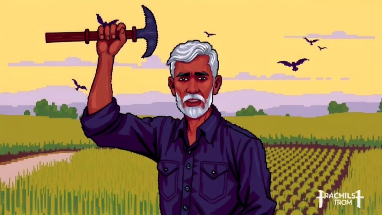 Subject: A proud farmer standing in a lush, green field, holding a farming tool. Subject movement: The farmer raises the tool high, exuding confidence and connection to the land. Scene: Vibrant agricultural landscape under a clear blue sky, with rows of crops stretching into the distance. Style: Bright, sunny lighting enhancing the greenery and highlighting the farmer's expression. Motion: The camera slowly dolly in on the farmer, capturing the intricate details of the field while creating a sense of intimacy and focus.