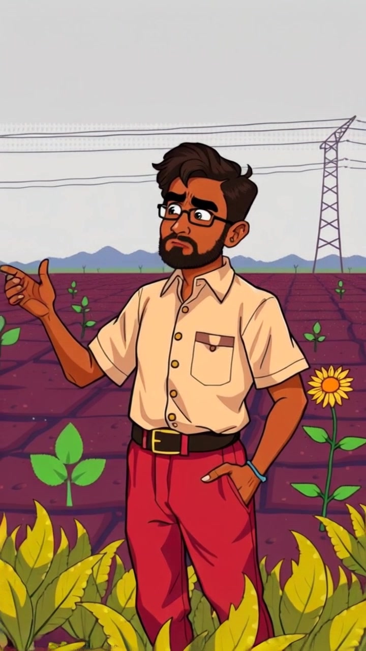 Subject: A worried individual gesturing towards barren crops in a field. Subject movement: The individual shifts their weight and gestures animatedly, expressing concern. Scene: A vast field of drying, cracked soil with sparse, wilting crops under an overcast sky. Style: Dim, moody lighting enhancing the atmosphere of anxiety and distress, with the colors of the landscape muted and desaturated. Motion: Camera moves in closer to capture the individual's expression, then pulls back to reveal the bleak expanse of the field.