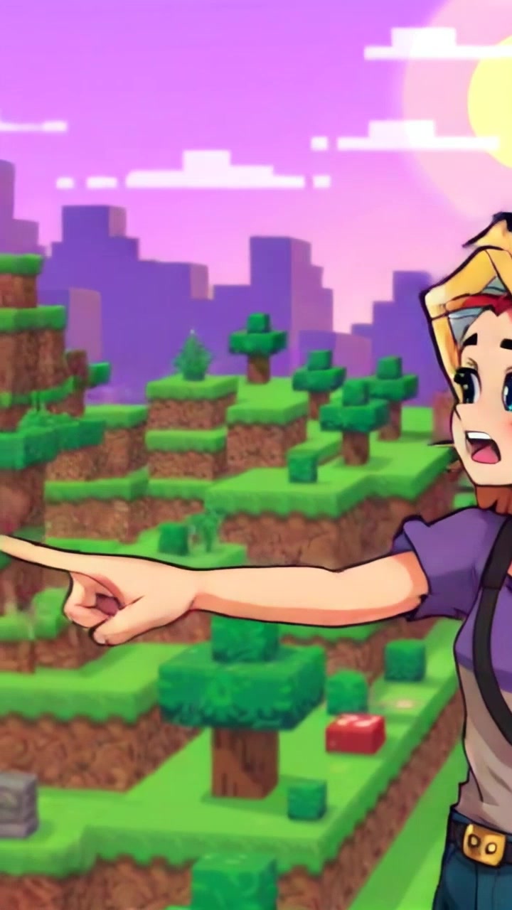 Subject: A person with wide eyes, excitedly pointing at a Minecraft landscape filled with colorful blocks. Subject movement: The individual gestures animatedly towards the vibrant block structures, conveying enthusiasm and wonder. Scene: A bright, pixelated Minecraft world bustling with various block shapes and colors, surrounded by stylized trees and a clear blue sky. Style: Bright, cheerful lighting enhancing the vivid colors of the landscape. Motion: The camera smoothly transitions from a close-up of the person's face to a wider shot showcasing the expansive Minecraft environment, then pans back to focus on their pointing gesture.