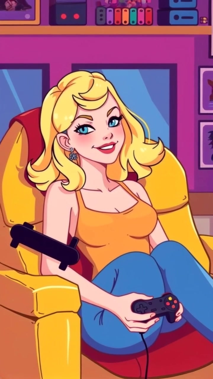 Subject: A young woman seated in a gaming chair, smirking confidently as she leans back. Scene: A cozy gaming room filled with soft neon lights illuminating posters and gaming paraphernalia on the walls. Style: Ambient lighting with a vibrant, playful atmosphere. Motion: Camera zooms in gently on her face and the controller in her hand, capturing the moment of relaxation and enjoyment, then pulls back to reveal the room's lively decor.