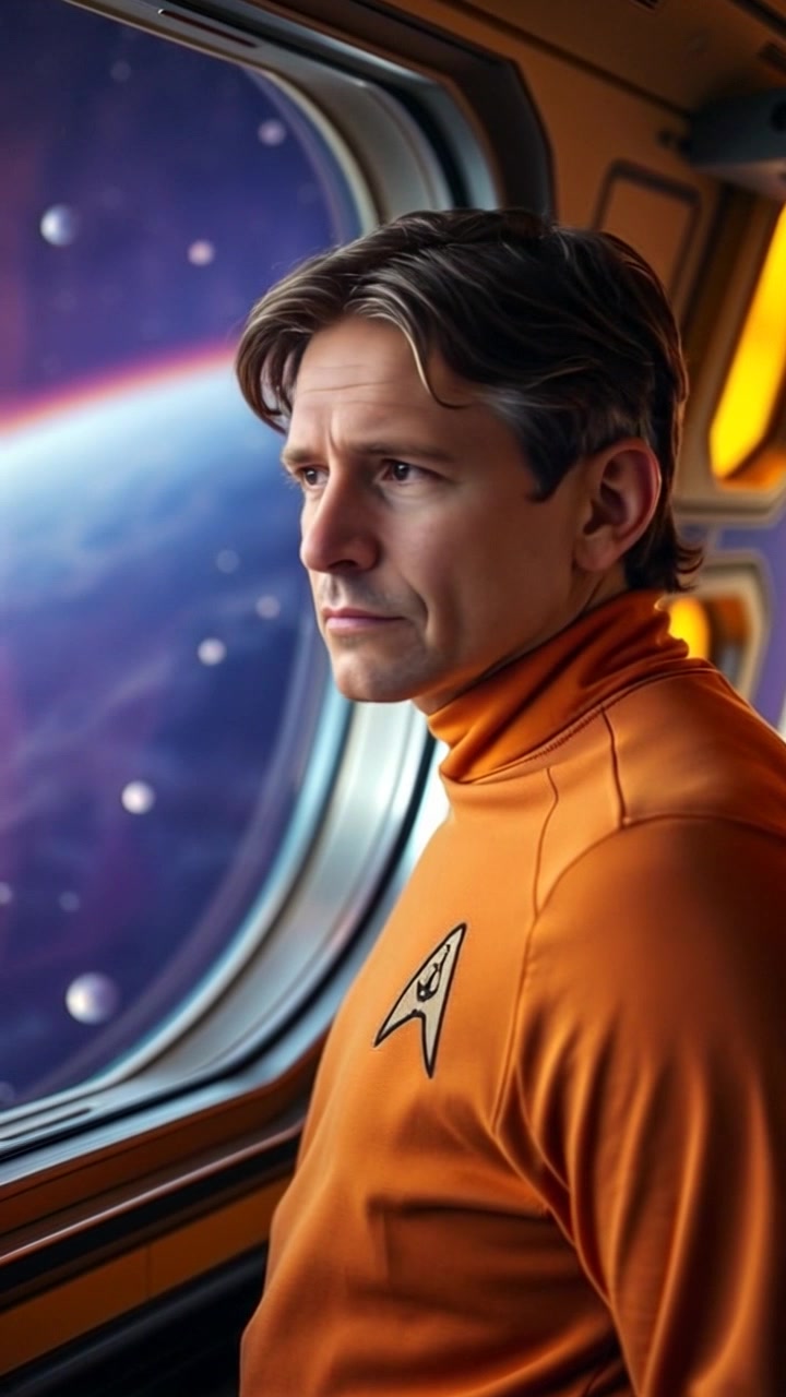 Subject: A curious individual, Mark, standing thoughtfully by a spaceship window. Subject movement: He gazes intently into the void of space, his posture suggesting deep contemplation. Scene: Inside a futuristic spaceship, the interior sleek and illuminated softly, with a panoramic view of stars and galaxies outside the window. Style: Ambient lighting inside the spacecraft creating a serene atmosphere, contrasting with the vast darkness of space. Motion: The camera slowly pushes in, capturing Mark's reflective expression while subtly revealing the breathtaking cosmic backdrop beyond the glass.