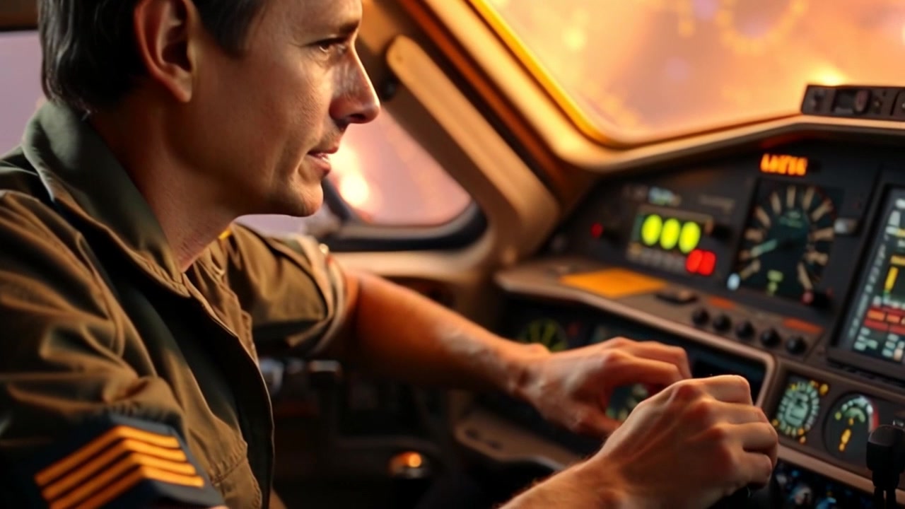 Scene: Close-up of hands on navigation controls, with a focus on the intricate cockpit instruments. Lighting: Soft, focused light highlighting the textures of the controls and the hands. Motion: Camera gently pushes in on the hands, capturing subtle movements as they adjust the controls, creating an intimate perspective within the dynamic environment of the cockpit.