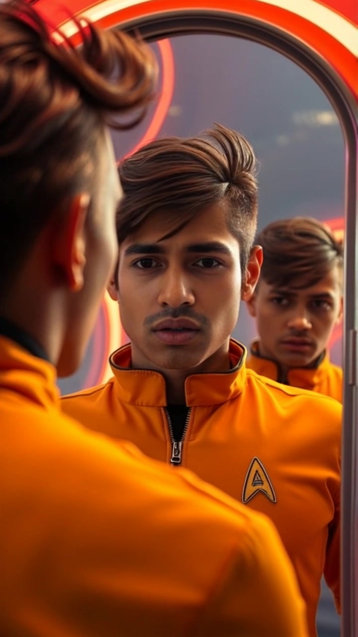 Subject: A person standing in front of a mirror. Subject movement: The person shifts uneasily, glancing at their reflection with a worried expression. Scene: A dimly lit bathroom filled with shadows, the mirror reflecting the person's concerned demeanor. Style: Soft, ambient lighting enhancing the somber atmosphere. Motion: Camera approaches the subject slowly, capturing the subtleties of their expression as they step closer to the mirror, creating an intimate connection with the viewer.