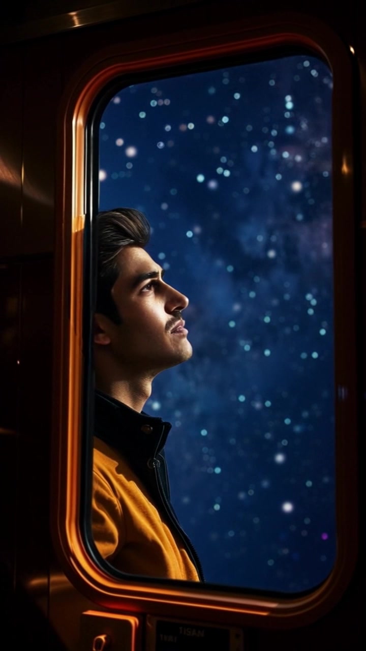 Subject: A person named Arjun gazing out from a window. Subject movement: Arjun stands still, lost in thought as he looks up at the star-filled sky. Scene: Inside Montague station, the soft glow of ambient lighting highlights the interior while stars twinkle outside the window. Lighting: Soft, ambient light contrasts with the dark night sky, creating a serene atmosphere. Motion: Camera slowly pushes out to frame Arjun in the window, capturing the vastness of the starry night beyond.