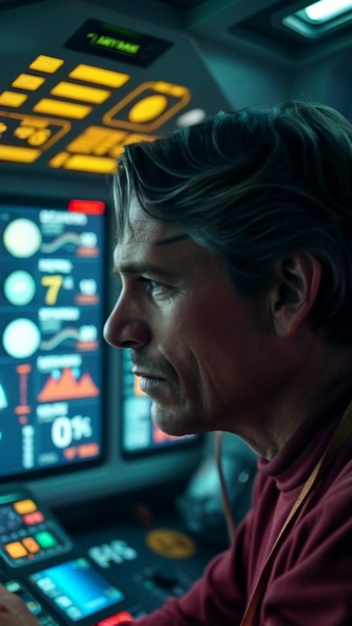 Subject: A person inside a spacecraft cockpit. Subject movement: The individual leans forward, their eyes scanning the glowing screens filled with data, fingers hovering over controls. Scene: High-tech spacecraft cockpit with multiple screens displaying complex graphs and lights, creating an immersive environment of navigation and control. Style: Ambient lighting with a blue and green hue, casting an otherworldly glow over the cockpit. Motion: Camera slowly pushes in on the individual, highlighting their focused expression as the screens flicker with vital information, simulating a sense of urgency.