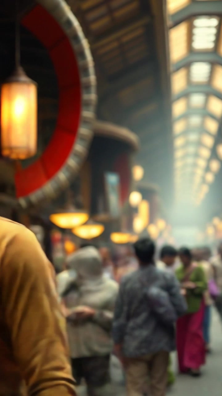 Subject: Arjun walking determinedly through a bustling village market filled with vibrant stalls and diverse shoppers. Scene: A lively market with colorful vendor booths and people interacting all around. Style: Bright, natural lighting illuminating the various goods displayed. Motion: The camera follows Arjun with a dynamic tracking shot, weaving in and out of the busy crowd, capturing the energy and activity of the marketplace.