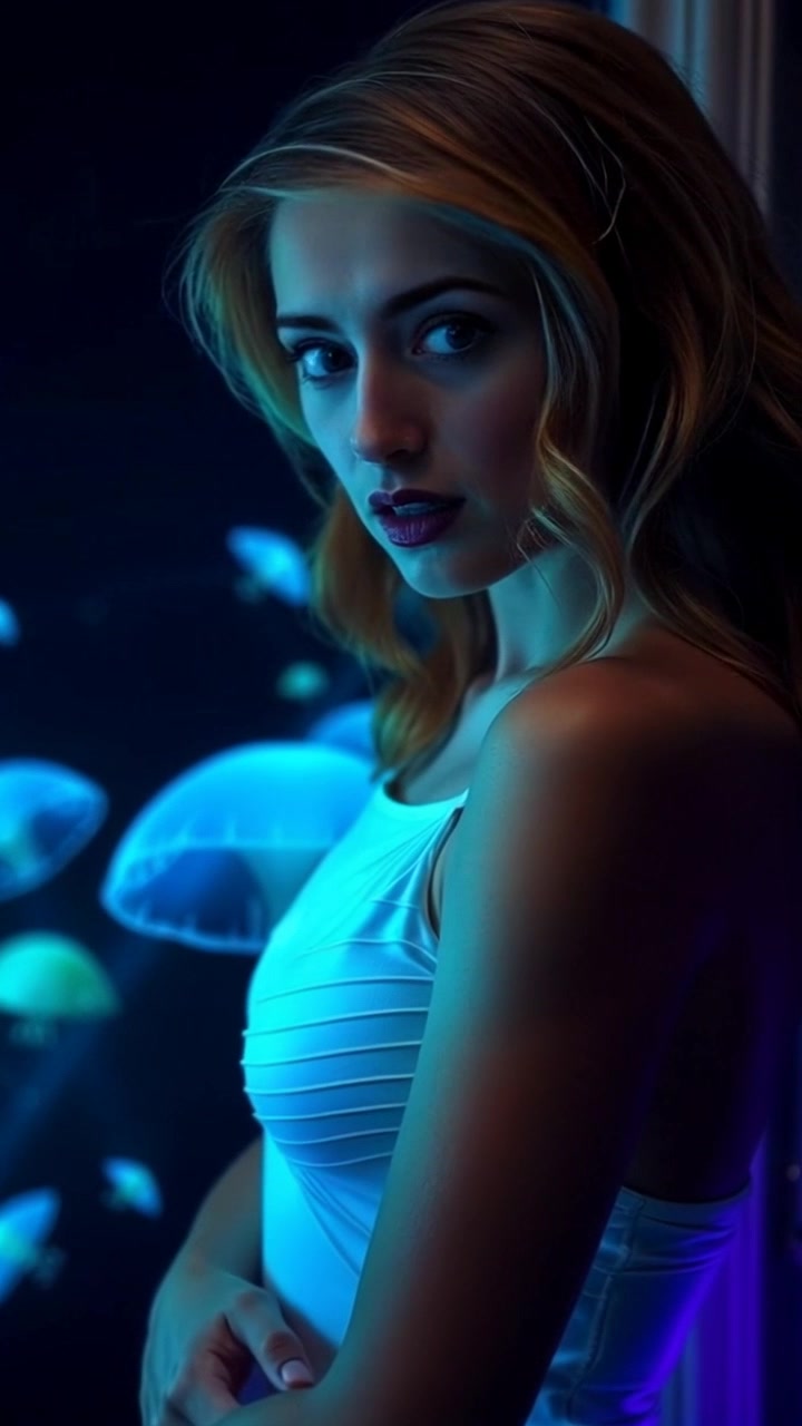 Subject: A woman named Ashley standing in a dimly lit room, glancing around with a concerned expression. Scene: A shadowy, atmospheric room filled with vague silhouettes of furniture and soft, flickering light from an unseen source. Lighting: Dim, moody light creating deep shadows that add a sense of unease. Motion: The camera slowly pushes in on Ashley, capturing the tension in her body language as she surveys her surroundings, revealing hints of the room's details in the background.