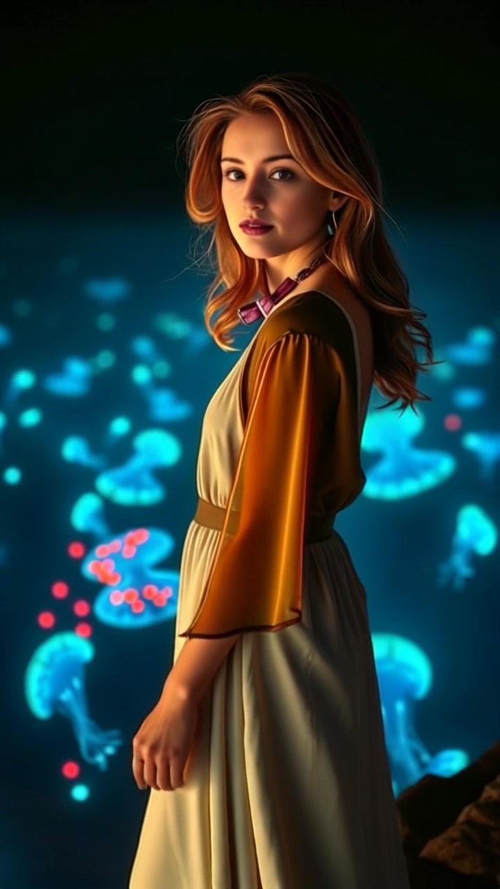 Subject: A confident woman standing at the edge of a cliff. Subject movement: She gazes determinedly over the vast landscape, her silhouette framed against the horizon. Scene: A dramatic cliff overlooking a sweeping valley at sunset, with distant mountains painted in hues of orange and purple. Style: Warm, golden-hour lighting creating an inviting atmosphere, with shadows stretching long on the rocky surface. Motion: The camera begins with a close-up of her face, then slowly pulls back to reveal the majestic expanse behind her, capturing the sense of freedom and adventure.