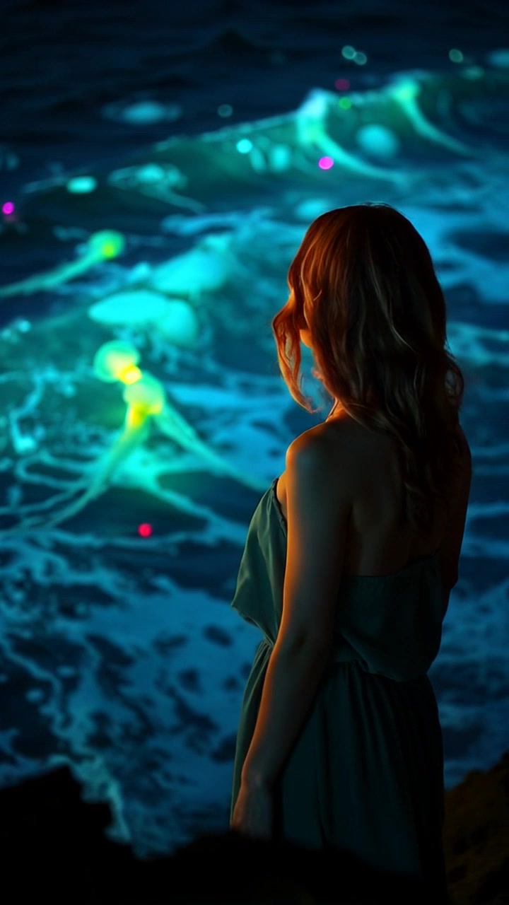 Subject: A woman standing at the edge of a cliff. Subject movement: She gazes thoughtfully across the vast ocean, the wind rustling her hair as she shifts slightly with the breeze. Scene: The rugged cliffside overlooks a turbulent ocean, with dramatic waves crashing against the rocks below, set against a bright blue sky. Lighting: Bright daylight illuminating the scene, enhancing the vibrant colors of the ocean and cliffs. Motion: The camera performs a slow, sweeping drone shot from behind her, capturing the expanse of the ocean and the majesty of the cliffs as it pans outward, emphasizing the vastness of the landscape.