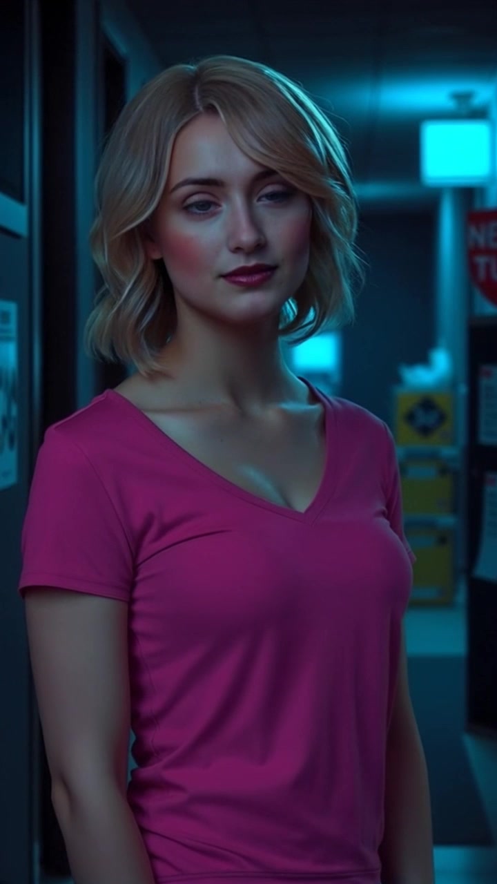 Subject: A figure standing alone. Subject movement: The figure glances around nervously, shifting their weight from one foot to the other. Scene: A dimly lit, narrow hallway with shadows creeping along the walls. Style: Moodily lit with contrasting areas of darkness and light, creating an atmosphere of suspense. Motion: Camera performs a slow, dramatic push-in towards the figure, capturing the tension in their posture as the ambient silence hangs in the air.