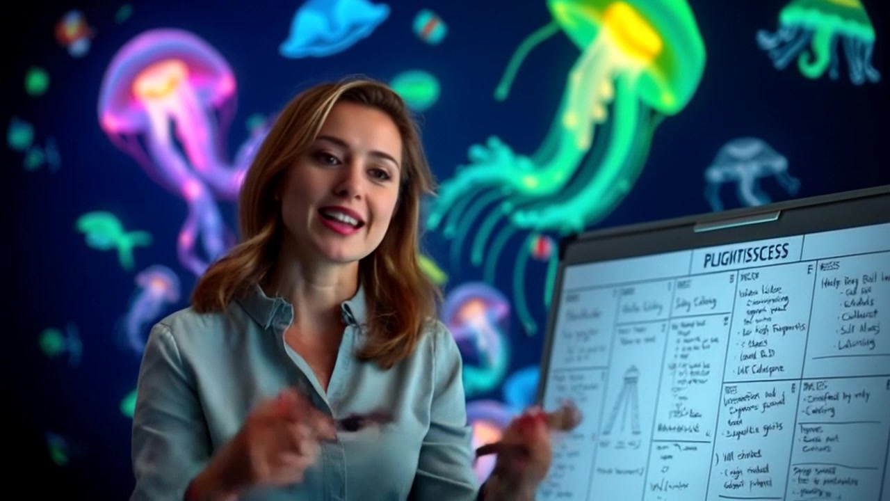 Subject: A presenter at a whiteboard, dynamically illustrating ideas with diagrams and notes. Subject movement: The presenter gestures enthusiastically, shifting from side to side as they engage with an unseen audience. Scene: A bright, modern conference room filled with creative energy and collaborative spirit. Style: Ambient, daylight filling the space with a warm, inviting atmosphere. Motion: The camera performs a smooth tracking shot around the presenter, highlighting the whiteboard's content while capturing the excitement of the presentation.
