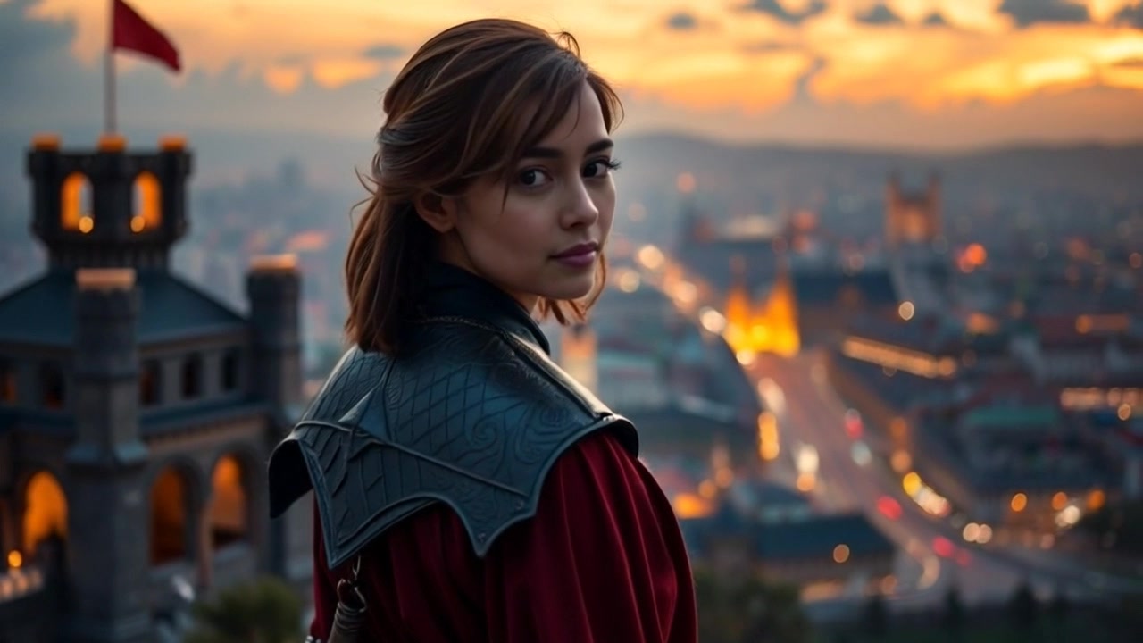 Subject: A young woman standing on a hill, gazing over a vibrant city skyline during dusk. Subject movement: She takes a deep breath, letting the breeze flow through her hair, as the scenery unfolds before her. Scene: A hilltop overlooking a bustling city, with skyline lights beginning to twinkle under the emerging twilight. Style: Warm, golden-hour lighting that transitions to cooler tones as night approaches, illuminating the city in a magical glow. Motion: The camera slowly pushes in from behind the woman, capturing her silhouette against the colorful skyline, then sweeping down to showcase the vibrant city life below.