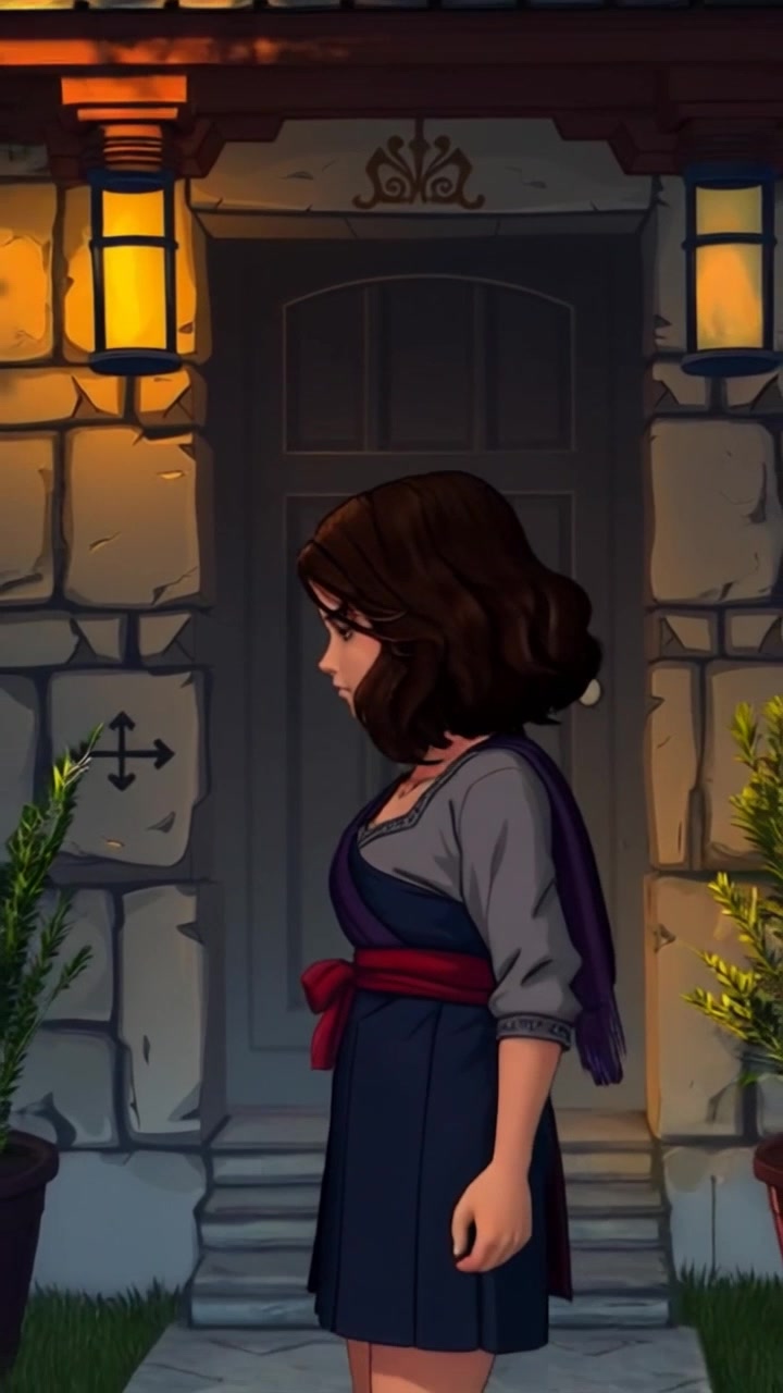 Subject: A young woman standing nervously in front of a neighbor's door, head down. Subject movement: She fidgets slightly, shifting her weight from one foot to the other, glancing up cautiously. Scene: A front porch with a painted door and some potted plants in a suburban neighborhood. Style: Soft, afternoon light filtering through nearby trees, creating gentle shadows. Motion: Camera slowly pushes in from a wider angle, capturing her anxious posture before zooming in slightly to focus on her expression.
