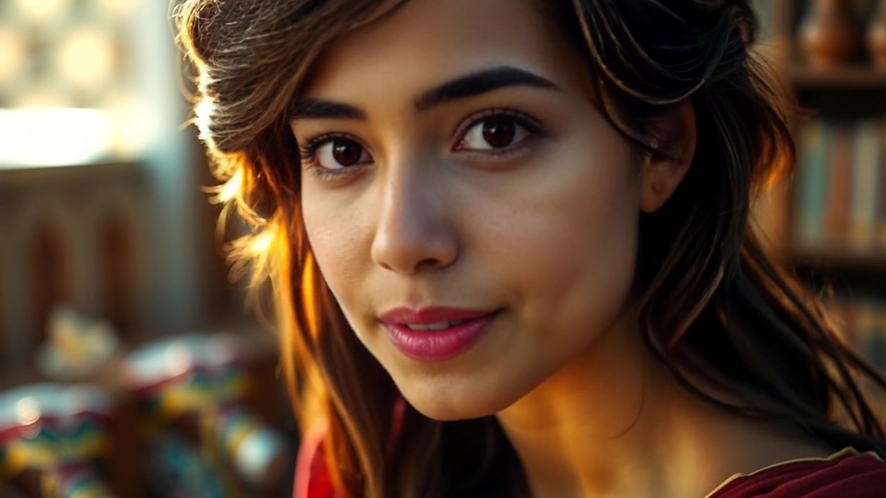 Subject: A young woman with serene features illuminated by soft sunlight. Subject movement: The woman gazes softly into the distance, her expression calm and peaceful. Scene: Close-up of her face, surrounded by a softly blurred background of greenery. Style: Morning light casting gentle highlights on her skin, creating a warm and inviting atmosphere. Motion: The camera gently pushes in for an intimate look, focusing on the tranquility of her expression while the background subtly shifts.