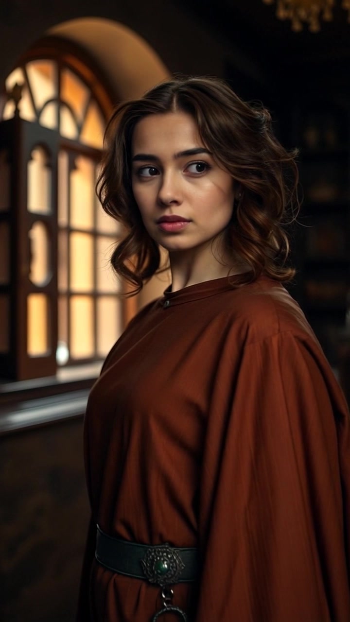Subject: A young woman named Laila, standing nervously in a dimly lit room. Scene: Laila glances anxiously at an open window in a moody, shadowed environment with deep tones. Motion: The camera slowly pushes in on Laila's face, capturing her apprehensive expression as she shifts her gaze toward the window, creating an atmosphere of suspense.