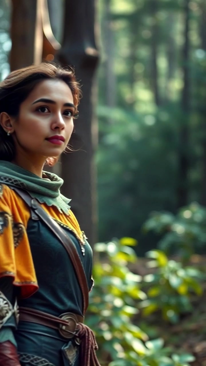 Subject: A determined figure standing at the edge of a dense forest, ready to venture inside. Subject movement: The figure takes a confident step forward into the forest. Scene: Lush, green forest with sunlight filtering through the leaves, creating dappled patterns on the ground. Style: Soft morning light casting a serene glow, highlighting the vibrant foliage. Motion: Camera slowly pushes in towards the figure as they move, capturing the immersive depth of the forest and the anticipation in their posture.