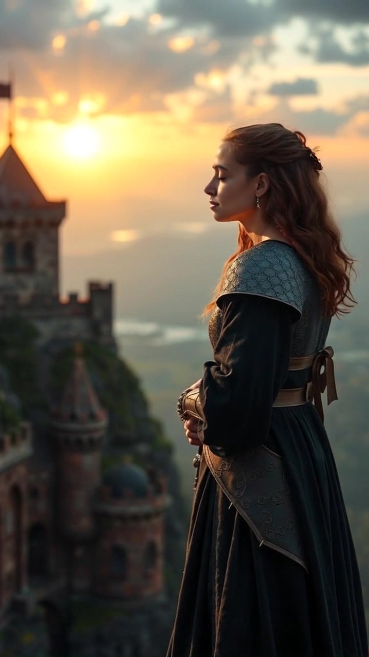Subject: A person standing at the edge of a cliff, gazing thoughtfully at the vast horizon. Subject movement: The person shifts slightly, as if absorbing the beauty around them. Scene: A dramatic cliff overlooking a vast ocean, with the sun setting in the distance, painting the sky in hues of orange and purple. Style: Warm sunset lighting creating a serene ambiance. Motion: Camera pushes in slowly to capture the person's profile against the expansive backdrop, then gently pans to reveal the breathtaking view of the horizon.