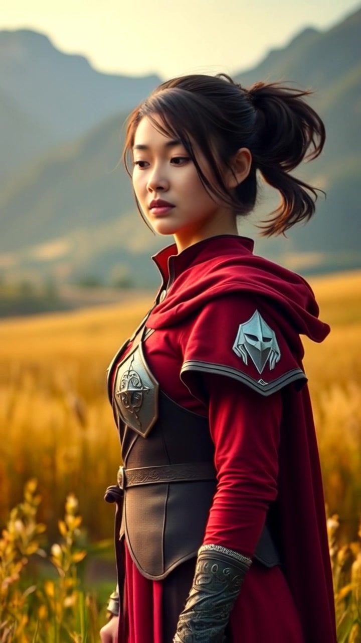 Subject: Mei standing confidently in a field, exuding determination as she looks ahead. Subject movement: Mei takes a step forward with purpose, her expression unwavering. Scene: A vibrant green field under a clear blue sky, gently swaying grass waves in the breeze. Style: Bright, natural lighting enhancing the lively colors of the landscape. Motion: Camera smoothly tracks backward as she advances, creating a sense of anticipation and adventure.