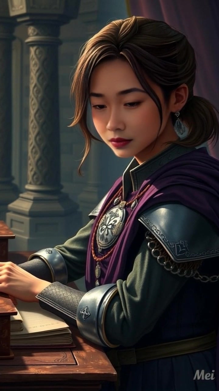 Subject: Mei with a serious expression, deep in thought as she leans on her desk. Scene: A softly lit study filled with books and papers scattered around, providing an atmosphere of intellectual contemplation. Motion: The camera performs a slow dolly-in towards Mei's thoughtful gaze, creating an intimate connection while subtle shadows dance across her face, highlighting her focus.