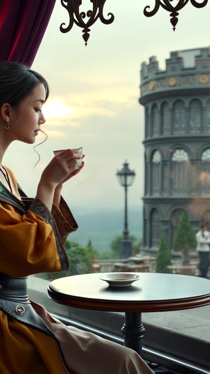 Subject: A person sitting alone at a small café table. Subject movement: The person sips thoughtfully from a cup of coffee while gazing pensively out the window. Scene: Intimate café setting with soft natural light streaming through the window, adorned with plants and warm wooden furnishings. Motion: The camera slowly pushes in from a distance to capture the person's expression and the ambiance, with a gentle focus on the reflections in the glass.