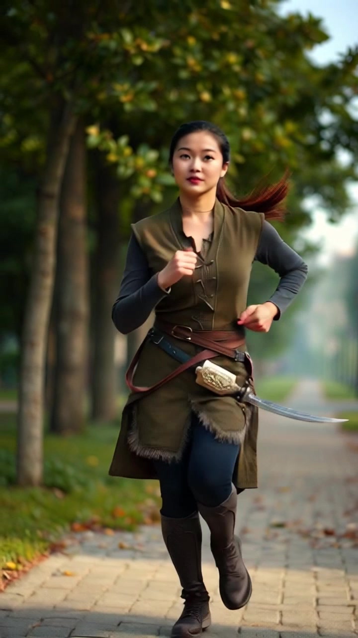 Subject: A woman jogging with purpose. Subject movement: She strides confidently along a park path, her energy palpable as she sets a brisk pace. Scene: A vibrant park with lush green trees lining the jogging path, sunlight filtering through the leaves. Style: Bright, natural daylight enveloping the scene, enhancing the lively atmosphere. Motion: The camera follows her with a dynamic tracking shot, smoothly gliding alongside her as she navigates the path, capturing the determination in her expression and the rhythmic movement of her legs.