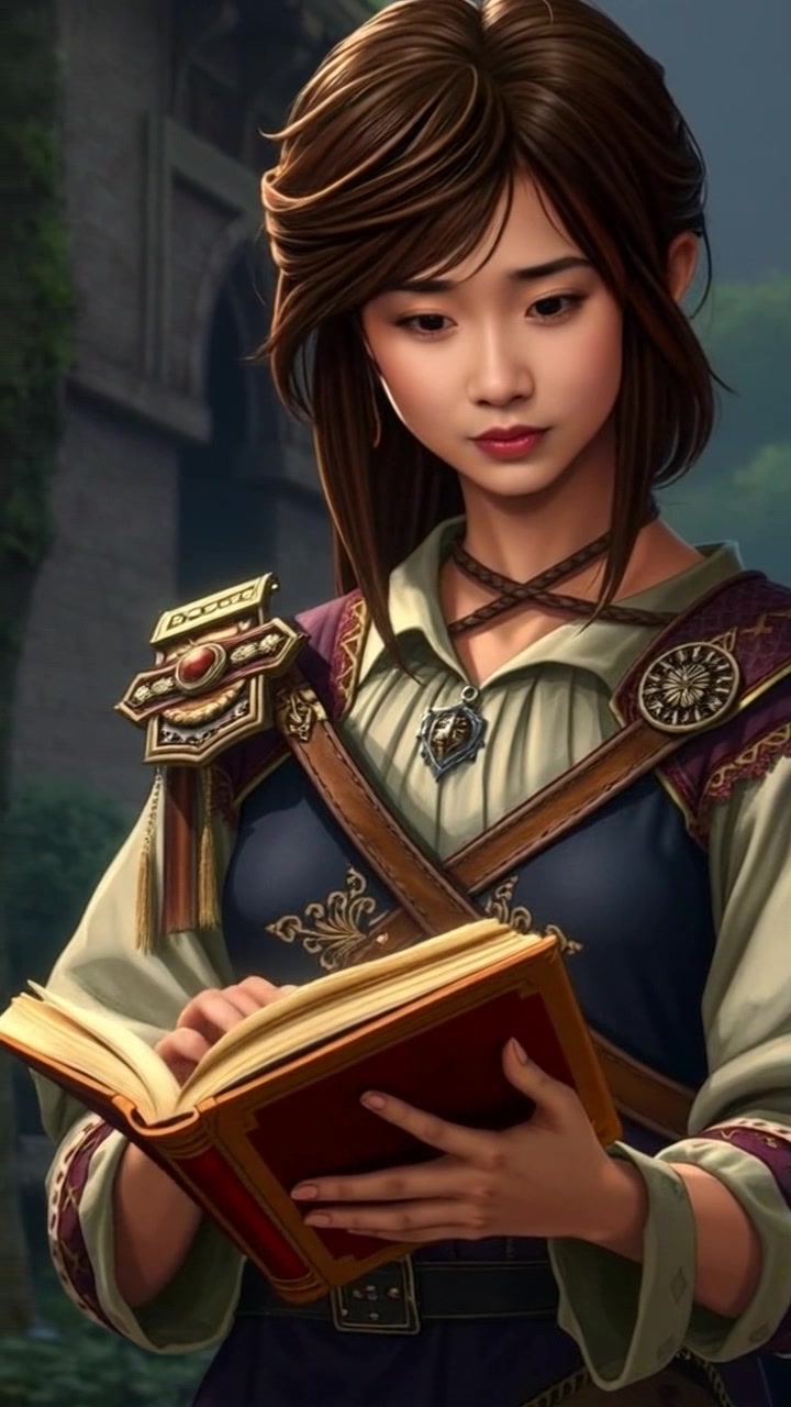 Subject: Mei intently examining a book, her face lit with curiosity. Subject movement: Mei leans in closer to the book, her fingers tracing the pages as she turns them slowly. Scene: A cozy reading nook with soft, ambient lighting, surrounded by shelves filled with books. Motion: Camera performs a smooth close-up tracking shot, capturing the details of Mei's expression and the texture of the book's pages, creating an intimate atmosphere.