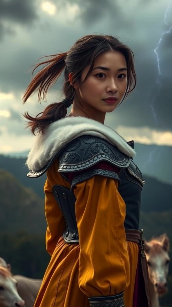 Subject: A determined figure standing atop a hill. Subject movement: The figure remains still, gazing into the distance as dark storm clouds gather ominously above. Scene: A rugged hilltop under a brooding sky, with distant lightning illuminating the gathering storm. Lighting: Dramatic, moody light accentuating the tension in the scene. Motion: The camera slowly pushes in, capturing the intensity of the figure's expression against the backdrop of the swirling clouds.