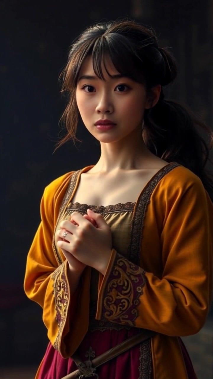 Subject: A person named Mei, visibly frightened. Scene: Dimly lit room, shadows dancing along the walls, with soft, flickering light illuminating Mei's anxious expression. Motion: The camera slowly pushes in closer to Mei, capturing her wide eyes and clasped hands in a tight, intimate close-up, heightening the tension of the moment. Lighting: Low, moody lighting enhancing the atmosphere of fear and uncertainty.