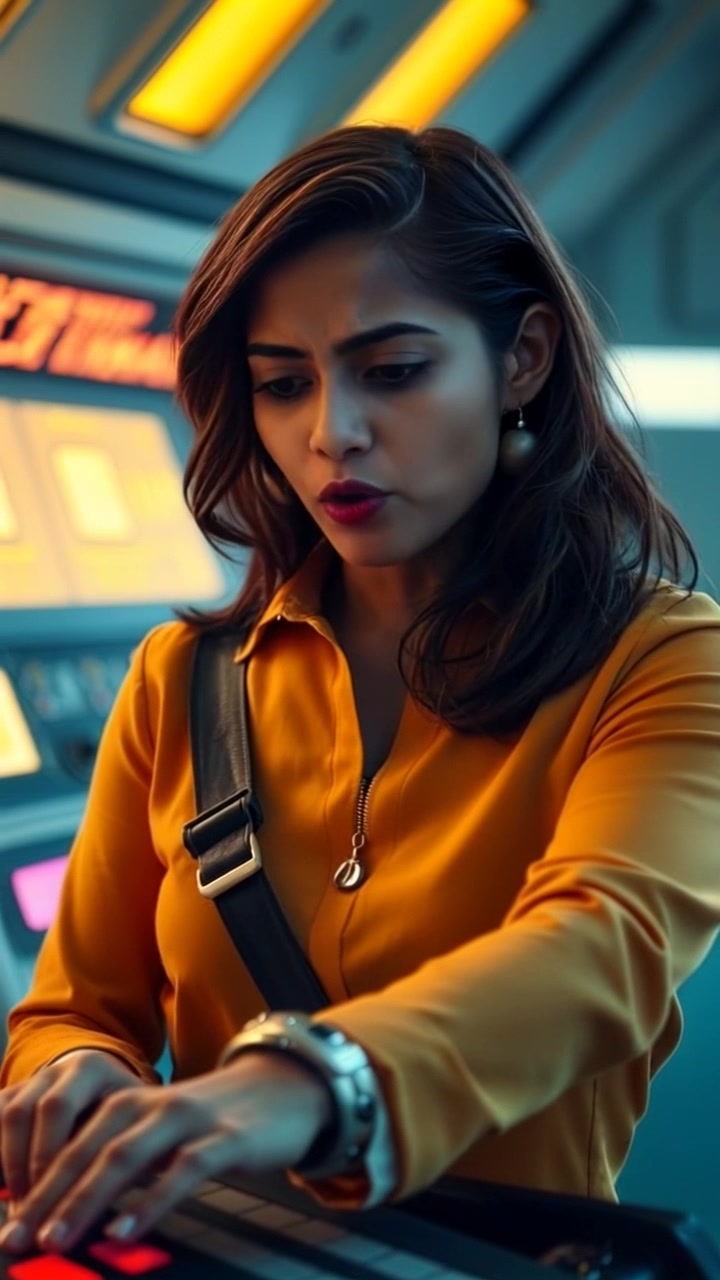 Subject: A woman named Priya, her brow furrowed as she speaks urgently at a high-tech control panel, her hands hovering over the buttons. Subject movement: Her hands move quickly as she gestures, emphasizing her point while speaking. Scene: Inside a futuristic command center filled with blinking lights and screens displaying critical information. Style: Ambient, cool blue lighting accentuating the technological ambiance. Motion: The camera pushes in smoothly toward Priya, capturing the intensity of her expression as she interacts with the control panel, with the background softly blurring to maintain focus on her dynamic movements.