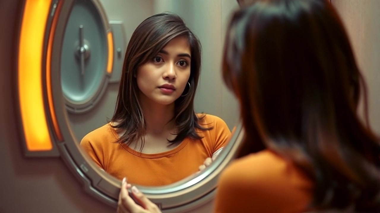 Scene: A bathroom with soft lighting, featuring a mirror reflecting a young woman who appears hesitant and uncertain. Style: Gentle ambient light with calm, muted tones enhancing the intimate atmosphere. Motion: The camera slowly zooms in toward the mirror, capturing her facial expression as she takes a deep breath, creating a moment of stillness and introspection.