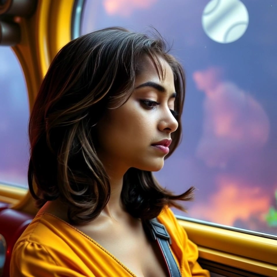 Subject: A young woman named Priya lost in thought. Subject movement: She shifts slightly, leaning her head against the window as she gazes thoughtfully into the distance. Scene: A cozy, softly lit room with a window overlooking a tranquil garden, casting gentle shadows inside. Lighting: Warm, afternoon light filtering through the glass, creating a serene atmosphere. Motion: The camera slowly pushes in through the window, capturing Priya's contemplative expression, while the garden outside remains softly blurred, hinting at her introspective mood.