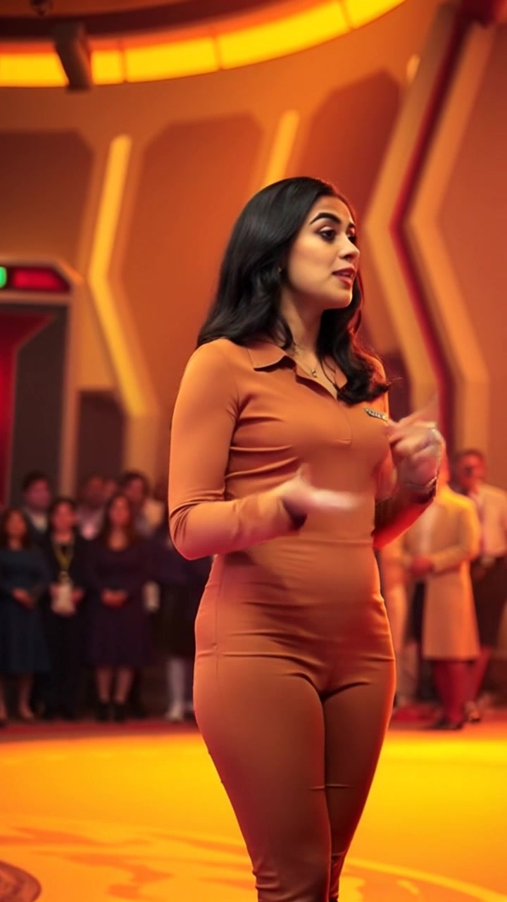 Subject: Priya standing confidently on stage, passionately delivering a speech to an engaged audience. Subject movement: Priya gestures emphatically, her facial expressions reflecting conviction as she moves across the stage. Scene: A brightly lit auditorium filled with attentive listeners, the atmosphere charged with inspiration. Style: Ambient stage lighting highlighting the speaker, creating a warm and inviting mood. Motion: The camera follows Priya with a smooth push-in, capturing her from various angles as she interacts with the audience.
