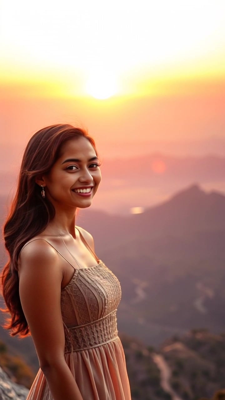 Subject: A young woman standing on a scenic hilltop. Subject movement: She smiles contently, gently swaying with the soft breeze as she gazes over her surroundings. Scene: A breathtaking sunset casts vibrant hues across the landscape, revealing rolling hills and distant valleys. Lighting: Warm, golden-hour light envelops the scene, enhancing the woman's serene expression. Motion: The camera slowly pushes in on her, capturing the expansive view behind her before panning to the horizon, showcasing the beauty of the sunset.