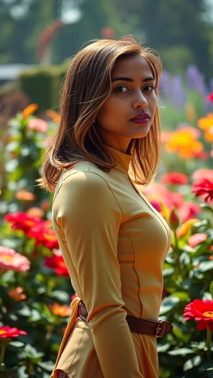 Subject: A person standing contemplatively in a lush garden. Subject movement: The person gently sways as a light breeze rustles the surrounding blooming flowers. Scene: A vibrant garden filled with diverse, colorful blooms, surrounded by rich green foliage. Style: Soft, natural lighting filtering through the leaves, creating a serene and peaceful atmosphere. Motion: The camera slowly pushes in on the person, capturing the details of their expression as they gaze thoughtfully at the flowers, while the soft floral scents seem to waft in the air.