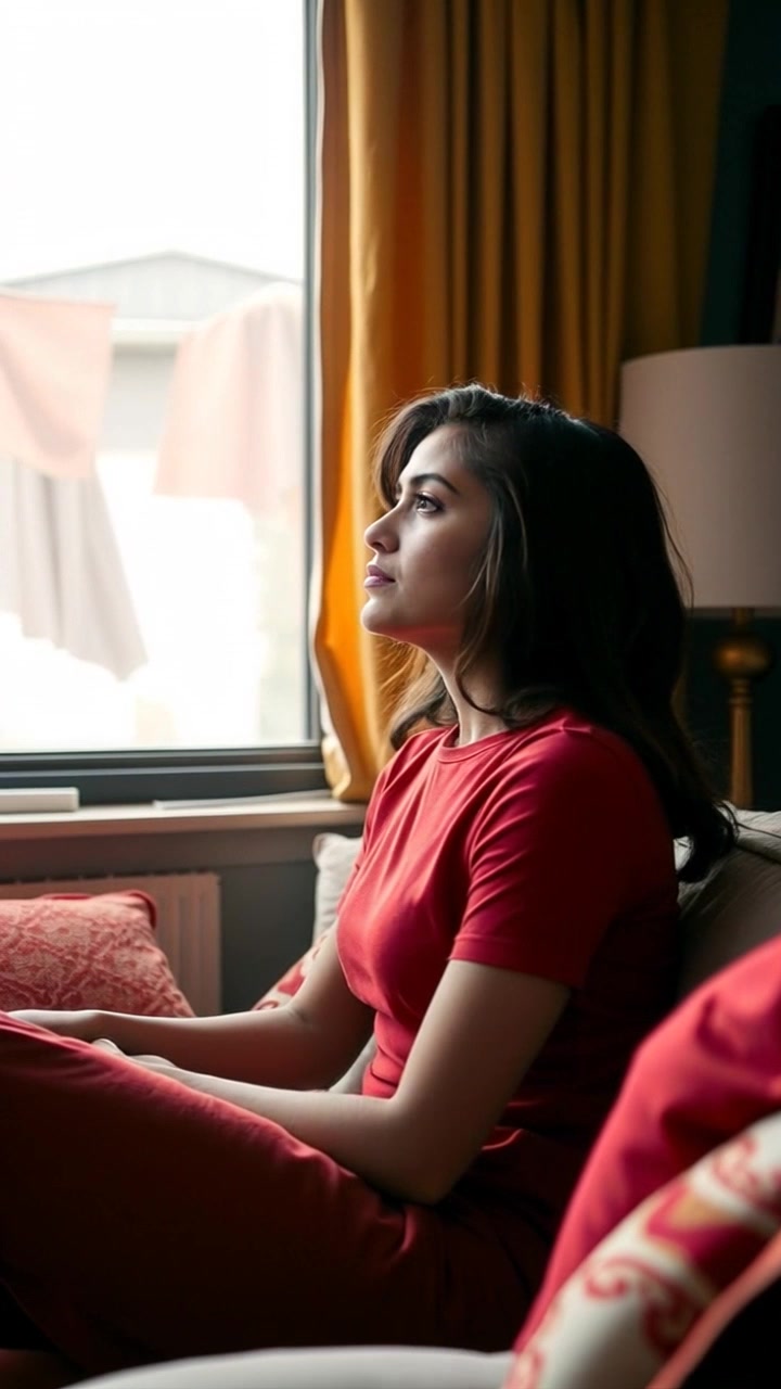 Subject: A woman sitting on a cozy couch. Subject movement: The woman gazes thoughtfully out of a window, her posture relaxed but pensive. Scene: A warm living room adorned with soft lighting that creates an inviting atmosphere, with a plush couch and tasteful decor. Motion: The camera slowly pushes in toward her, capturing the serene expression on her face as the light gently shifts, reinforcing the mood of contemplation.